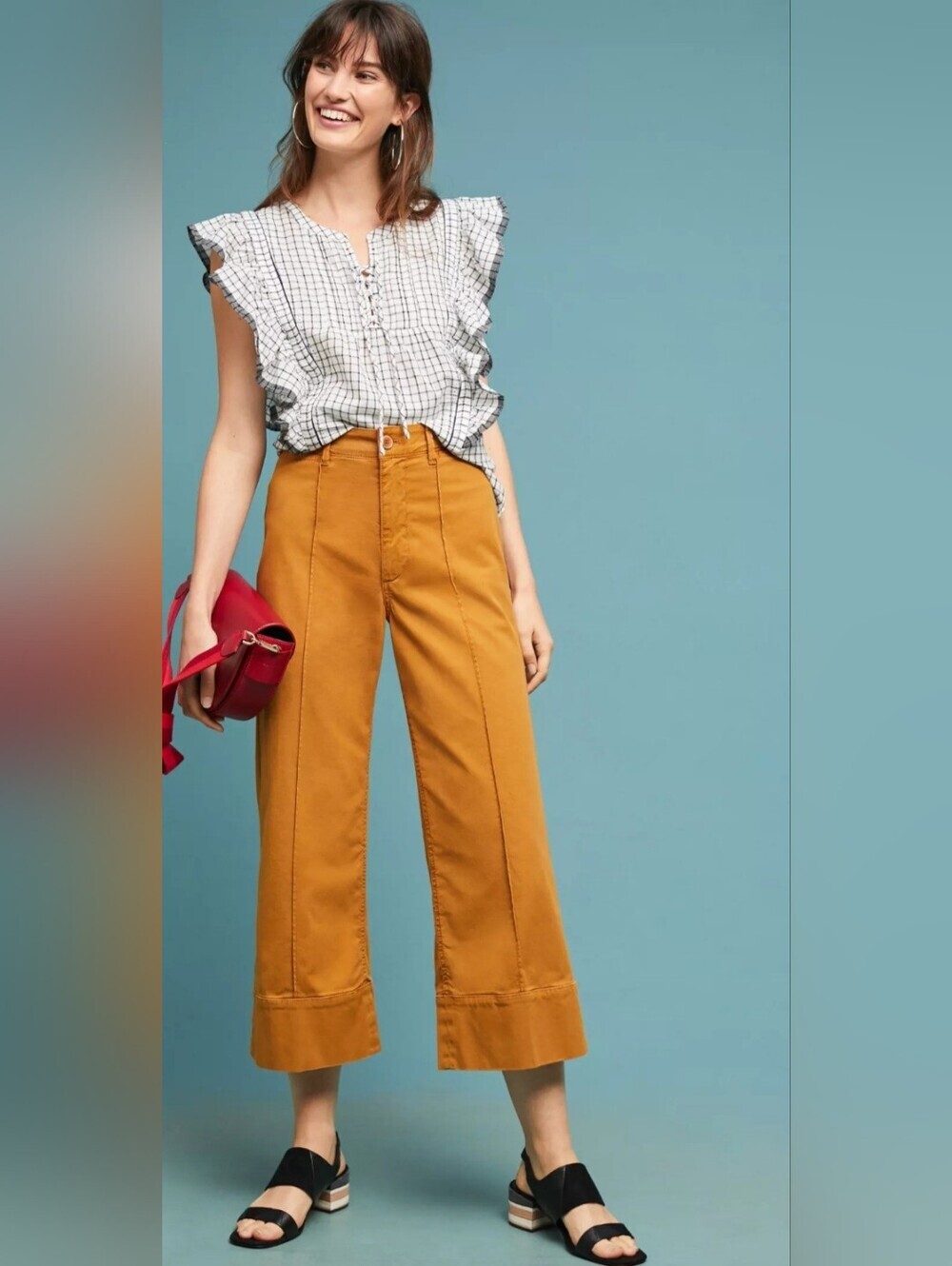 Anthropologie Wide Leg Chino Pants Size 2 Mustard Color  Cotton Stretch